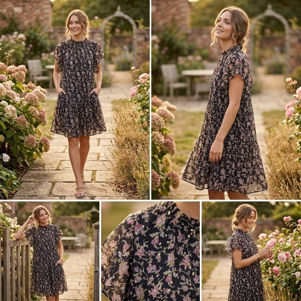 LOFT Floral Flutter Sleeve Dress Womens Large Navy Blue Gold Metallic Boho Shift